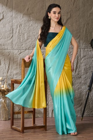 Multicoloured Blue Ombre Dyed Satin Designer Saree