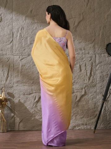 Yellow Violet Ombre Dyed Satin Party Wear Saree