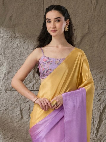 Yellow Violet Ombre Dyed Satin Party Wear Saree