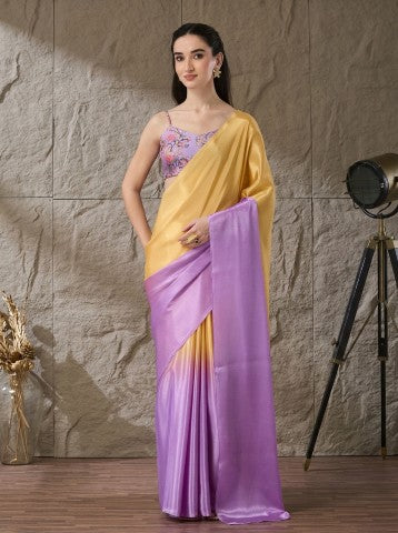 Yellow Violet Ombre Dyed Satin Party Wear Saree