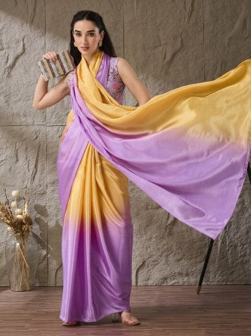 Yellow Violet Ombre Dyed Satin Party Wear Saree