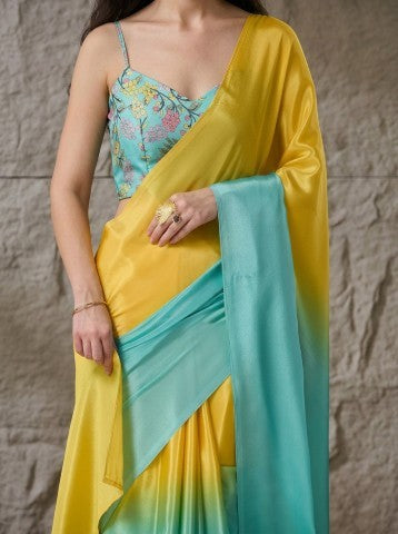Multi Colored Ombre Solid Satin Ready to Wear Saree