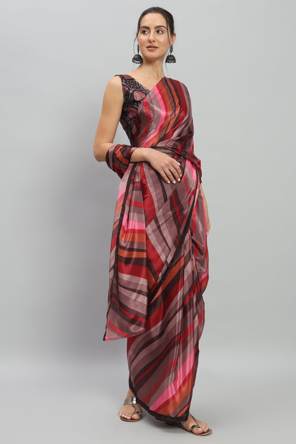 Satin Striped Printed Ready to Wear Pre-stitched Rust Saree