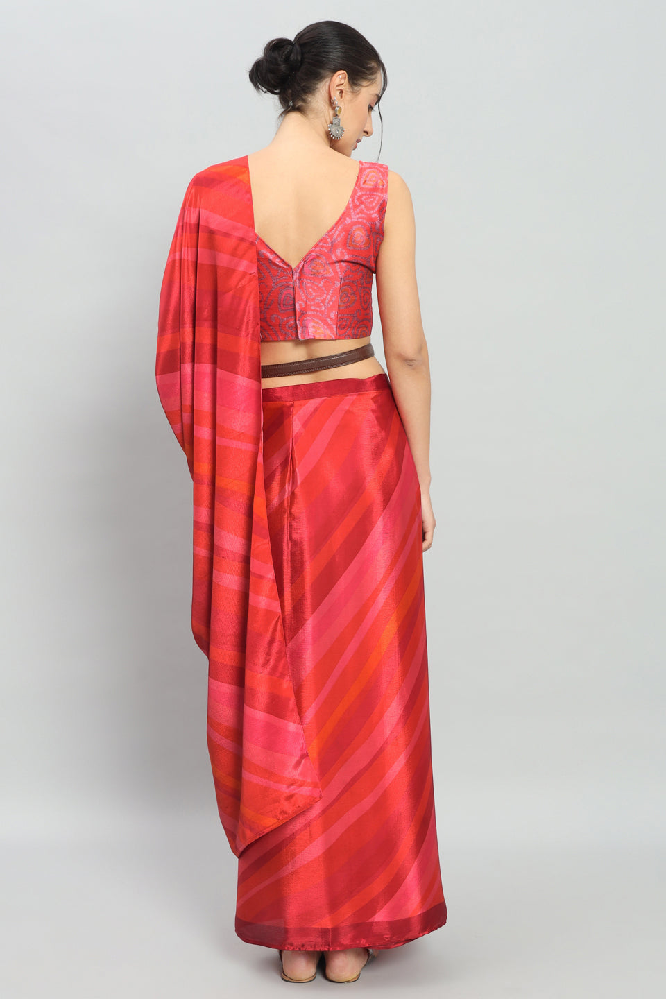 Satin Striped Printed Ready to Wear Pre-stitched Rust Saree
