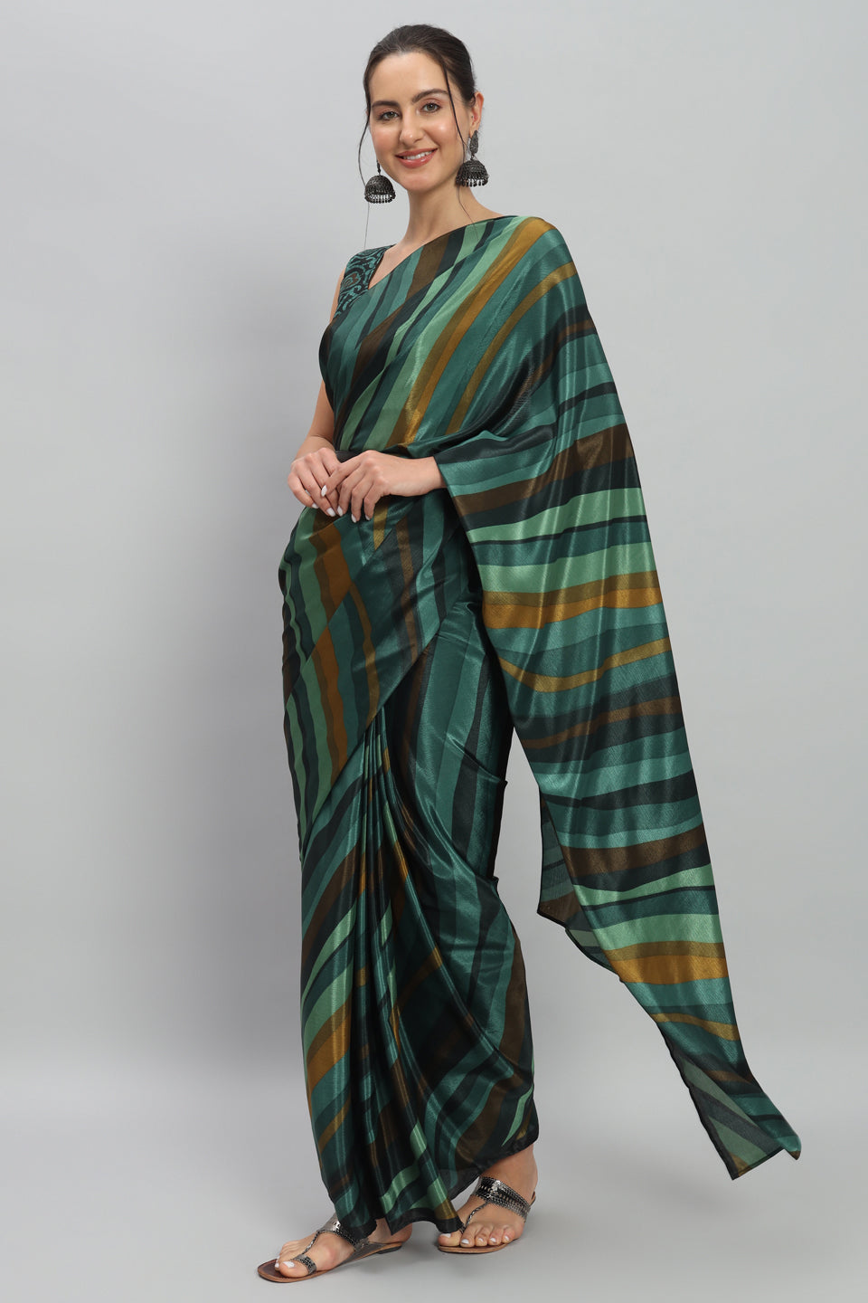 Satin Striped Printed Ready to Wear Pre-stitched Green Saree