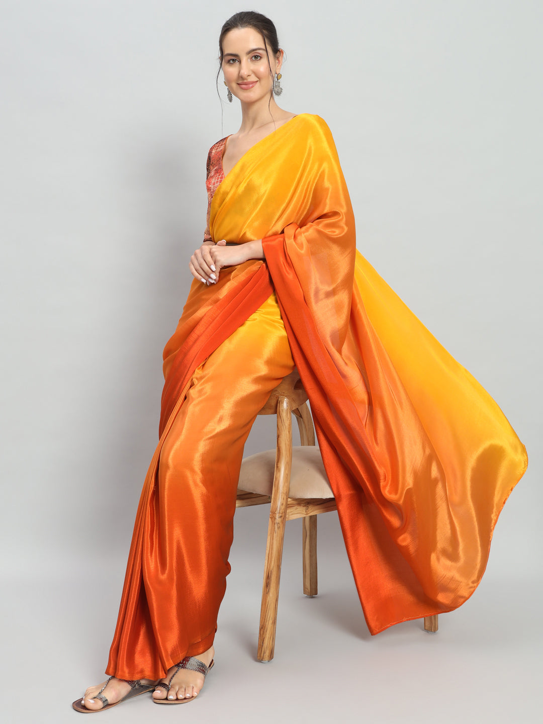 Satin Ready to Wear Pre-stitched Ombre Yellow Saree