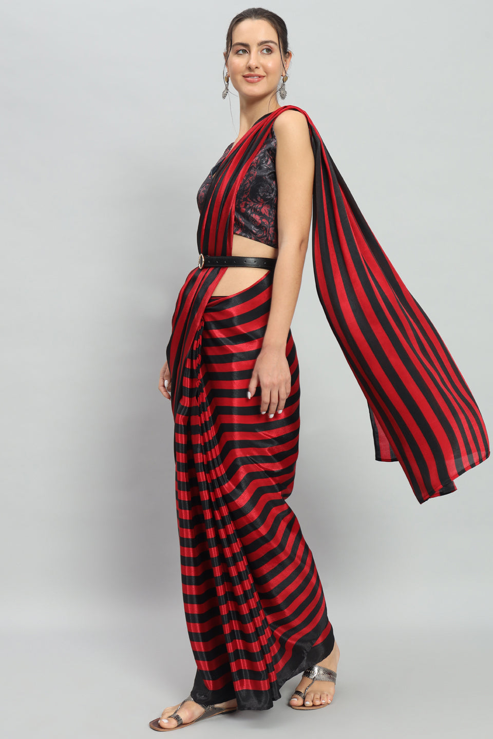 Satin Striped Printed Ready to Wear Pre-stitched Red Saree