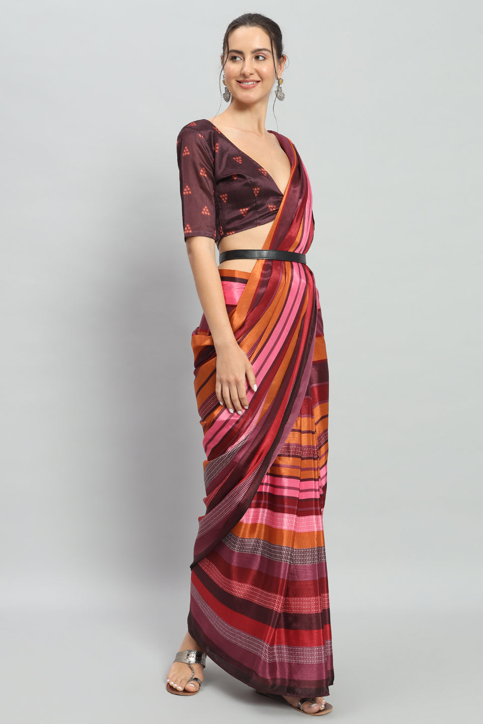 Satin Striped Printed Ready to Wear Pre-stitched Multicolord Saree