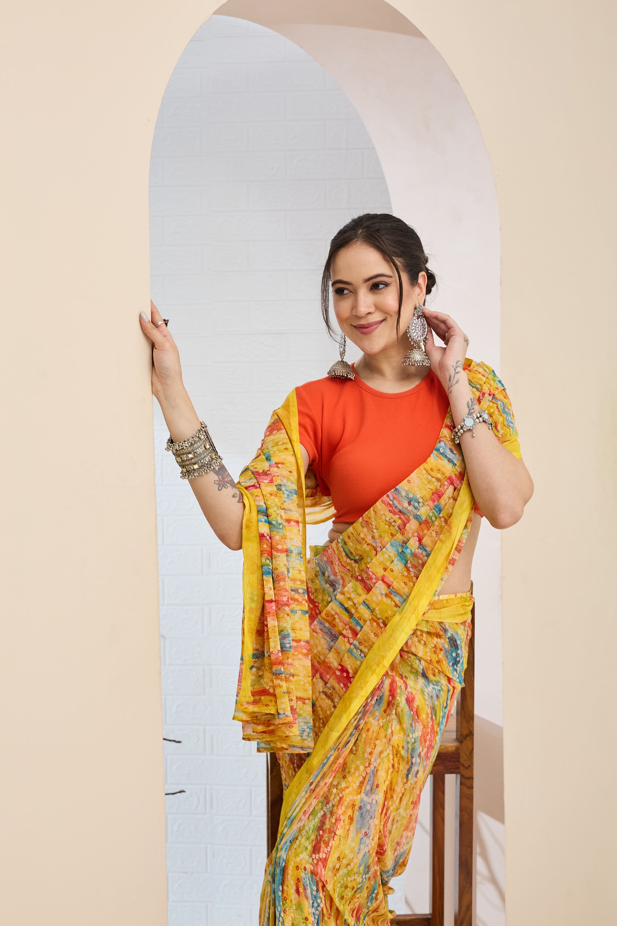 Amazing Yellow Color Poly Chiffon Ready To Wear Saree