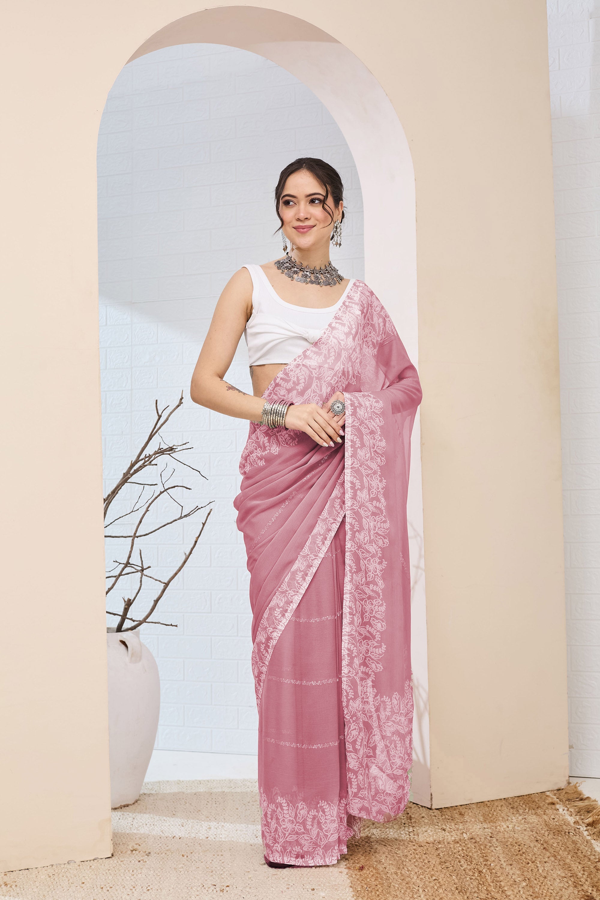 Beautiful Pink Color Poly Chiffon Ready To Wear Saree