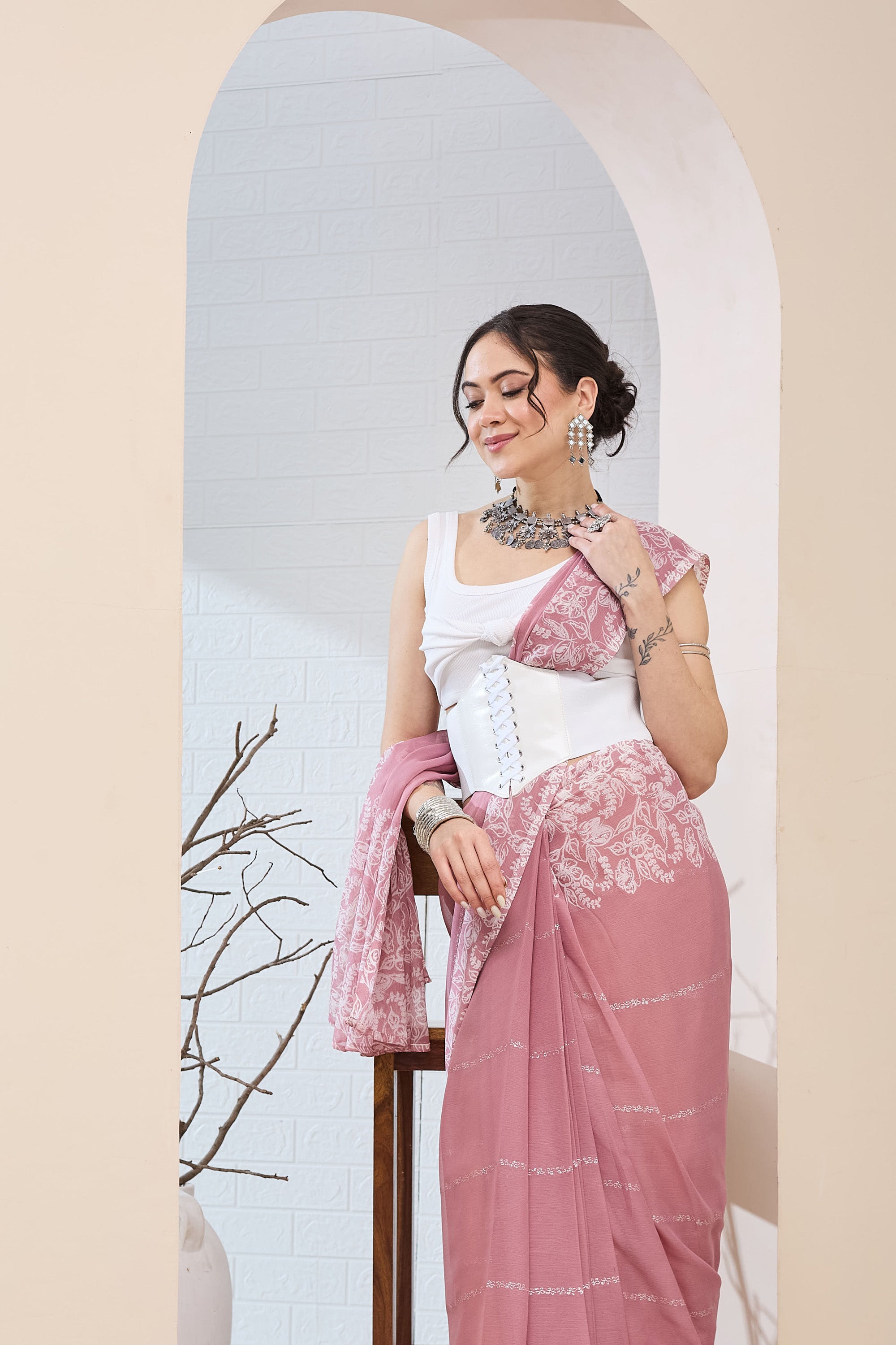 Beautiful Pink Color Poly Chiffon Ready To Wear Saree