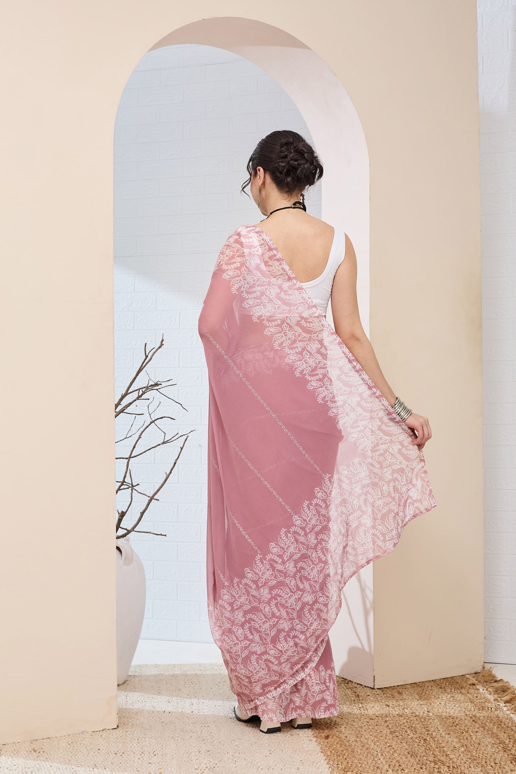 Beautiful Pink Color Poly Chiffon Ready To Wear Saree