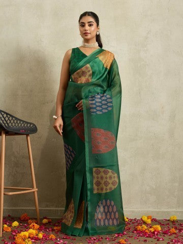 Green Bandhani Printed Tissue Ready to Wear Saree