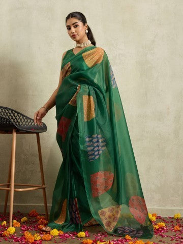 Green Bandhani Printed Tissue Ready to Wear Saree