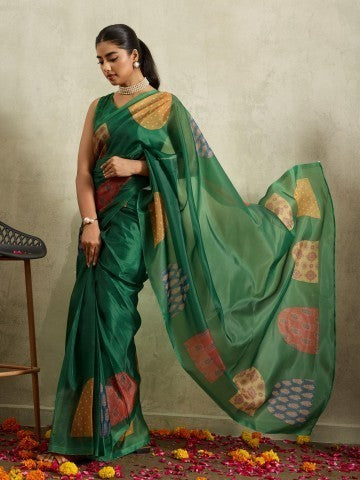 Green Bandhani Printed Tissue Ready to Wear Saree
