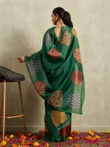 Green Bandhani Printed Tissue Ready to Wear Saree