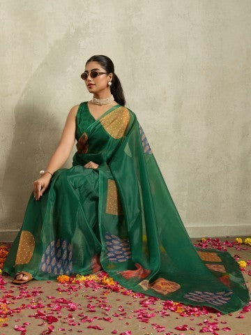 Green Bandhani Printed Tissue Ready to Wear Saree