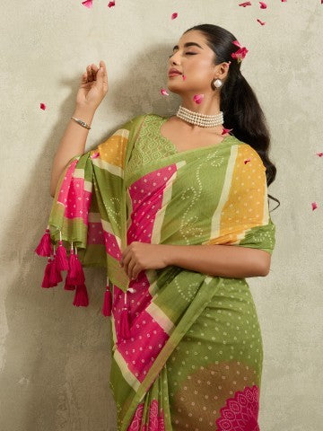 Green Bandhani Printed Cotton Blend Ready to Wear Saree