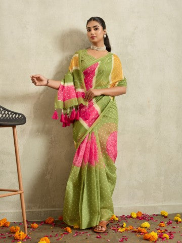 Amazing Green Bandhani Printed Chanderi Ready to Wear Saree