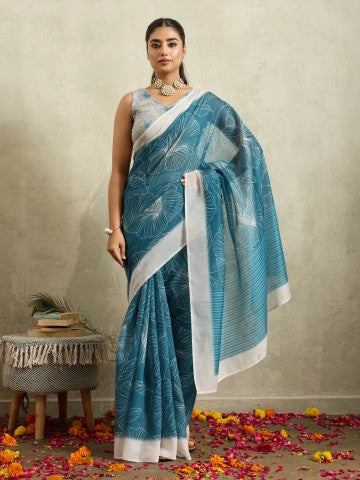 Teal Floral Printed Cotton Blend Ready to Wear Saree