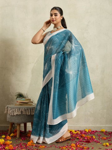 Teal Floral Printed Cotton Blend Ready to Wear Saree