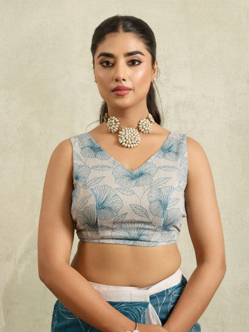 Teal Floral Printed Cotton Blend Ready to Wear Saree