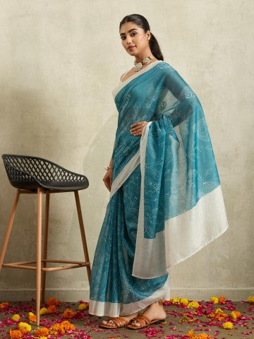 Teal Bird Printed Chanderi Ready to Wear Saree