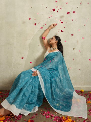Teal Bird Printed Chanderi Ready to Wear Saree