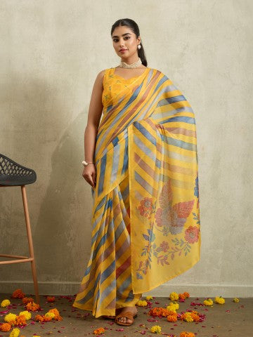 Yellow Floral Printed Cotton Blend Ready to Wear Saree