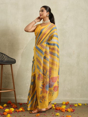 Yellow Floral Printed Chanderi Party Wear Saree