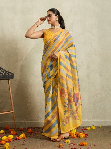 Yellow Floral Printed Cotton Blend Ready to Wear Saree