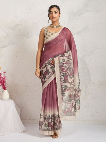 Pink Ethnic Motifs Printed Cotton Blend Party Wear Saree