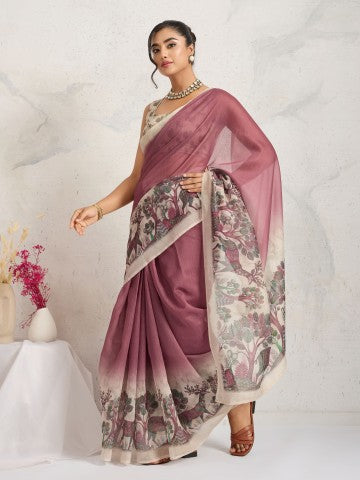 Pink Ethnic Motifs Printed Cotton Blend Party Wear Saree