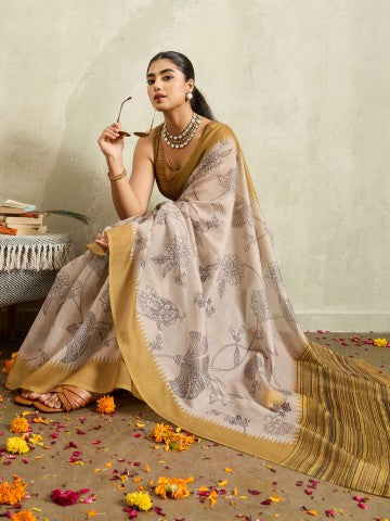 Cream Floral Printed Cotton Blend Ready to Wear Saree