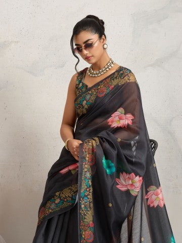 Black Floral Printed Cotton Blend Ready to Wear Saree