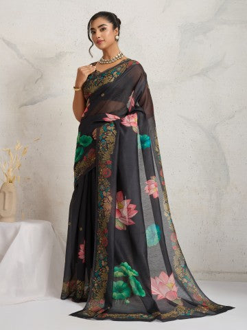 Black Floral Printed Cotton Blend Ready to Wear Saree