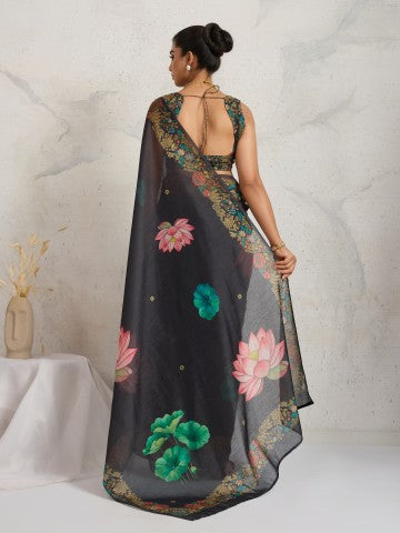 Black Floral Printed Cotton Blend Ready to Wear Saree