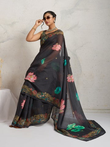 Black Floral Printed Cotton Blend Ready to Wear Saree