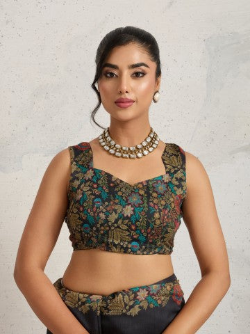 Black Floral Printed Cotton Blend Ready to Wear Saree
