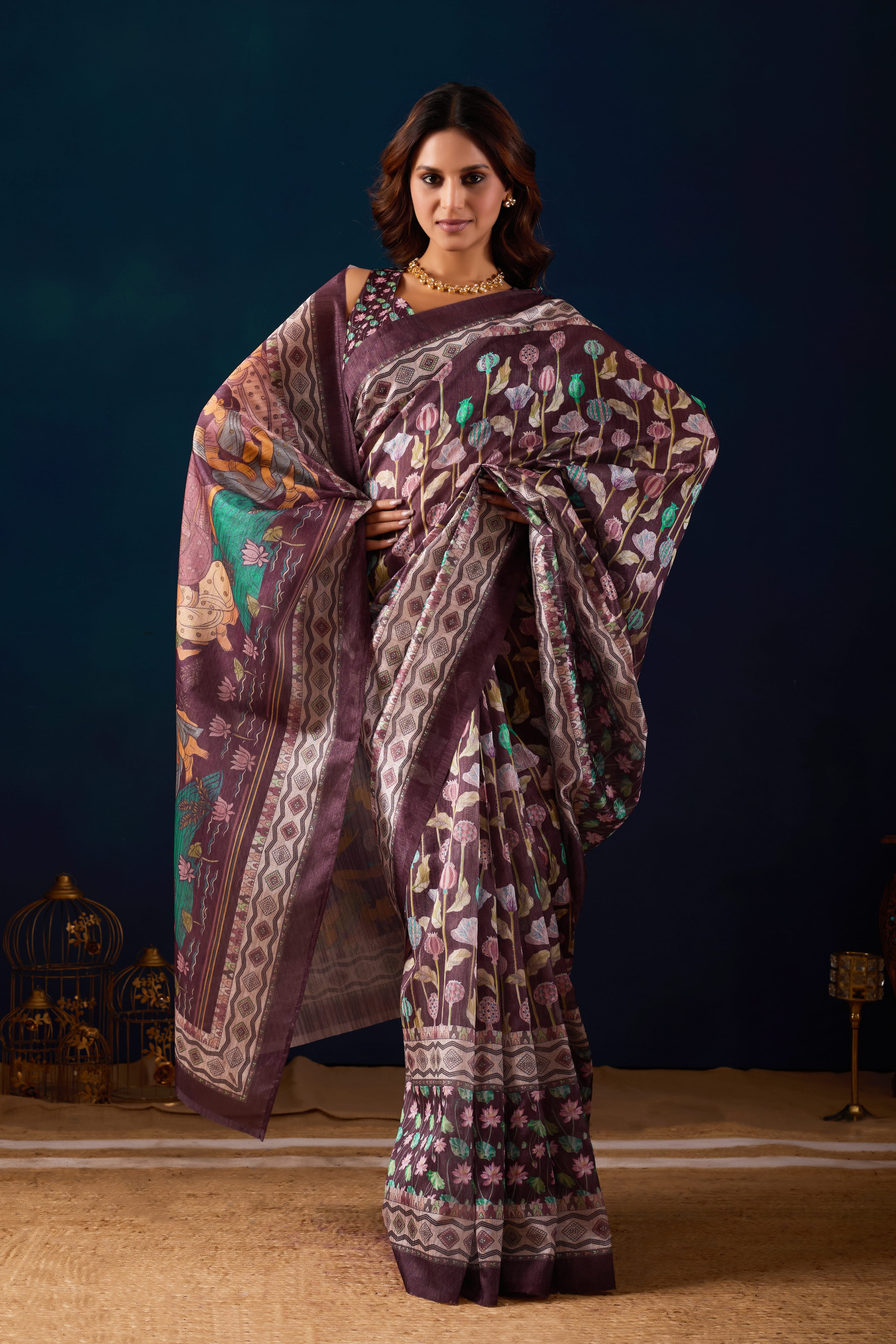Purple Jute Silk Ethnic Motifs Printed Ready to Wear Saree