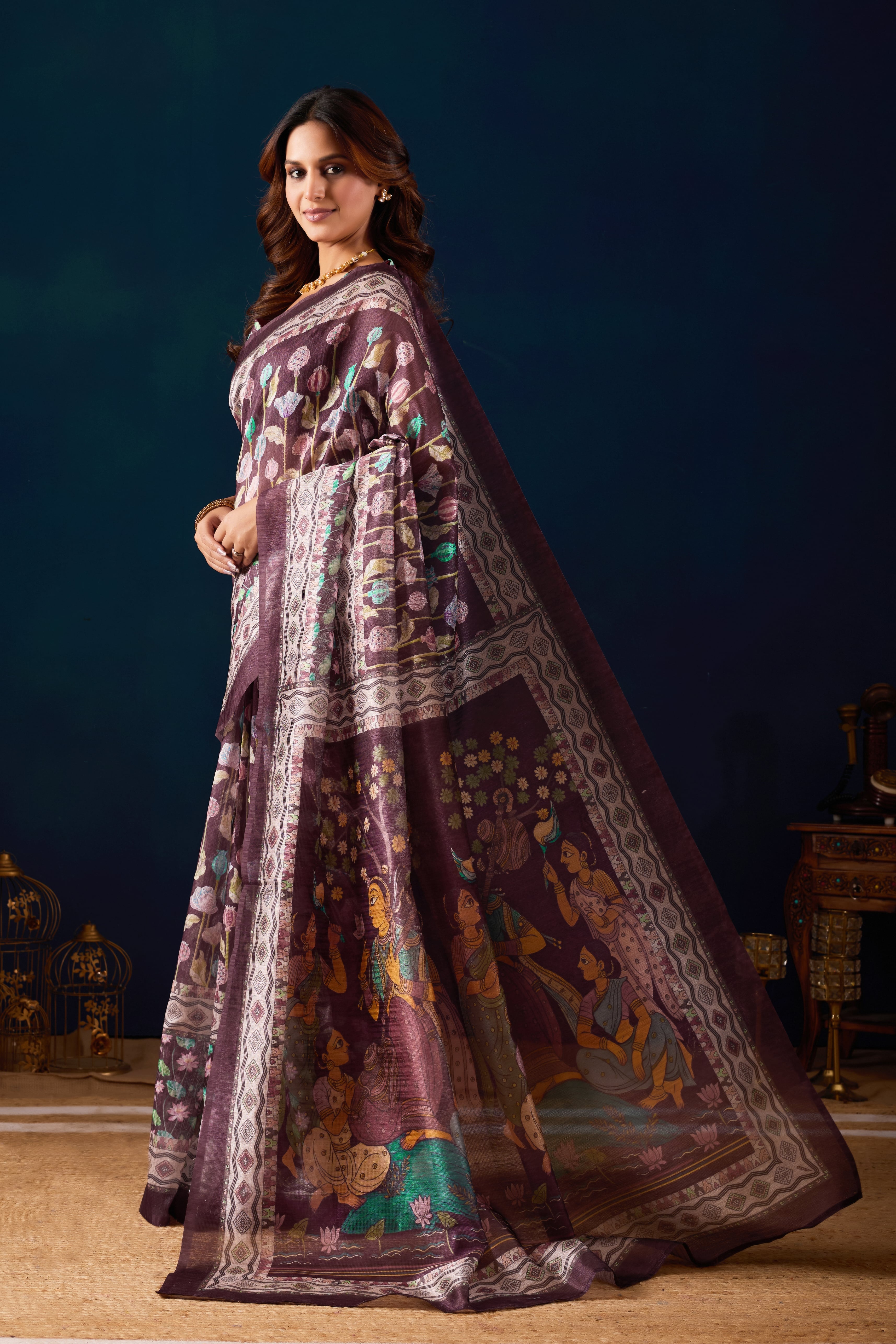 Purple Jute Silk Ethnic Motifs Printed Ready to Wear Saree
