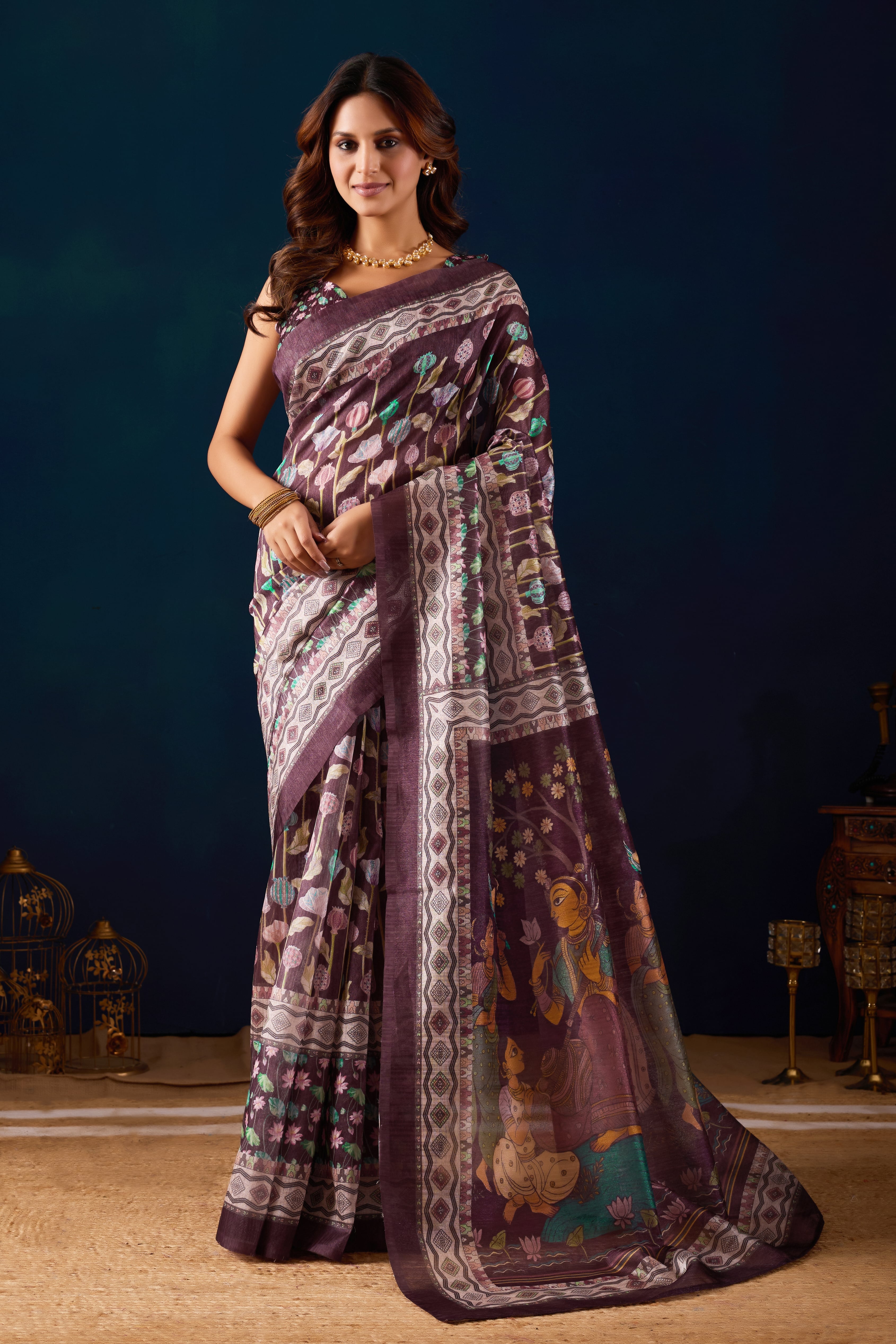Purple Jute Silk Ethnic Motifs Printed Ready to Wear Saree