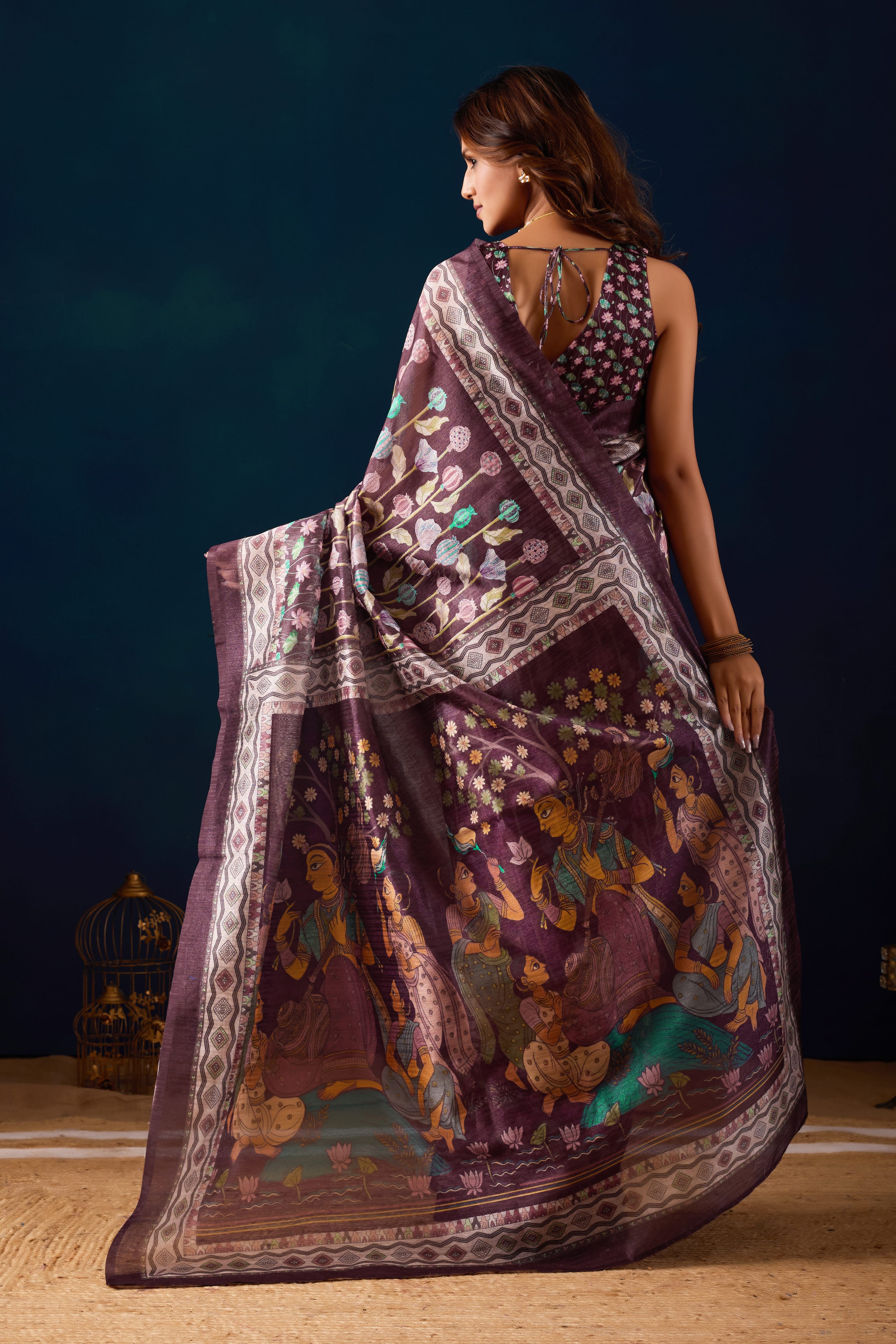 Purple Jute Silk Ethnic Motifs Printed Ready to Wear Saree
