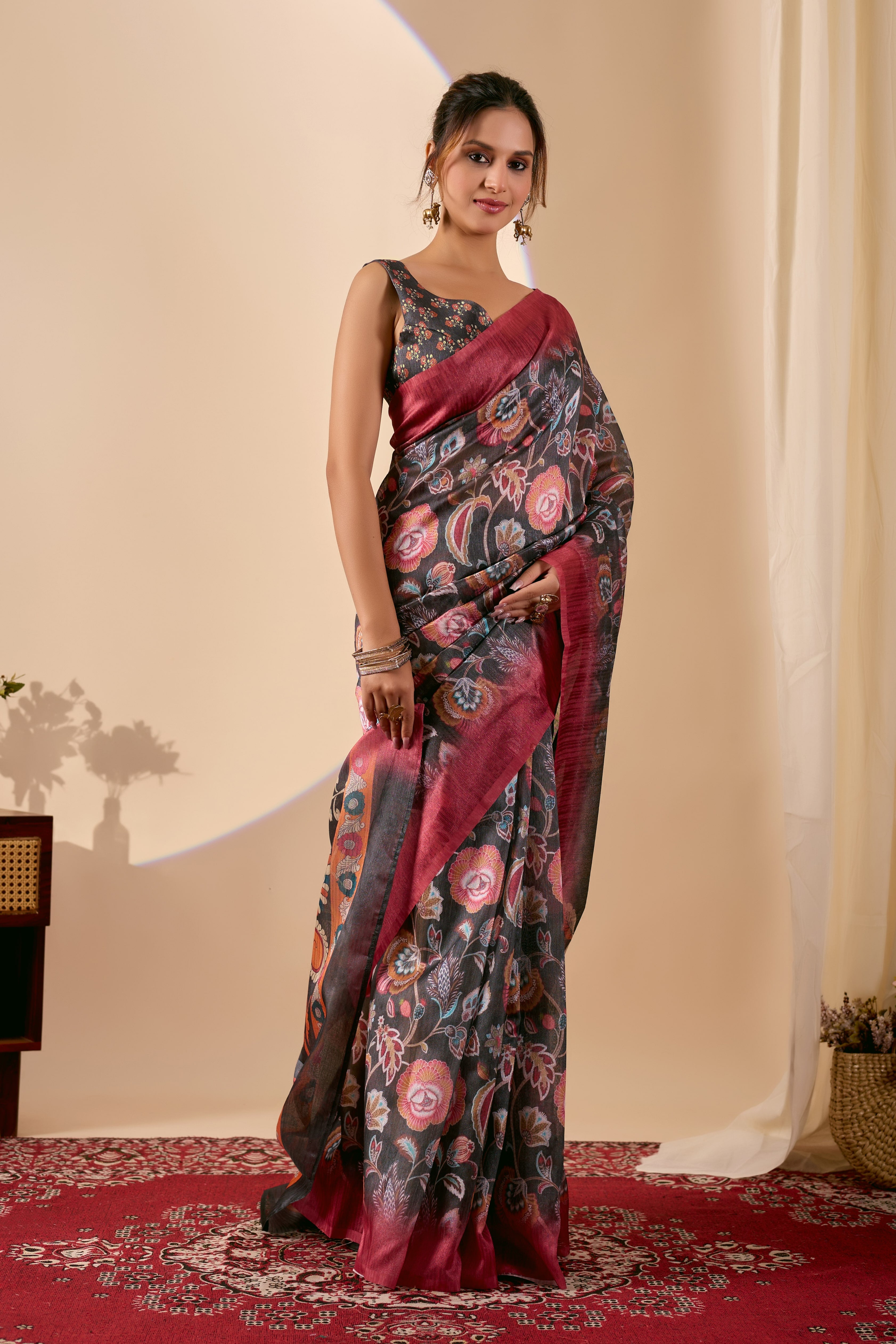 Olive Printed Poly Chiffon Ready Saree