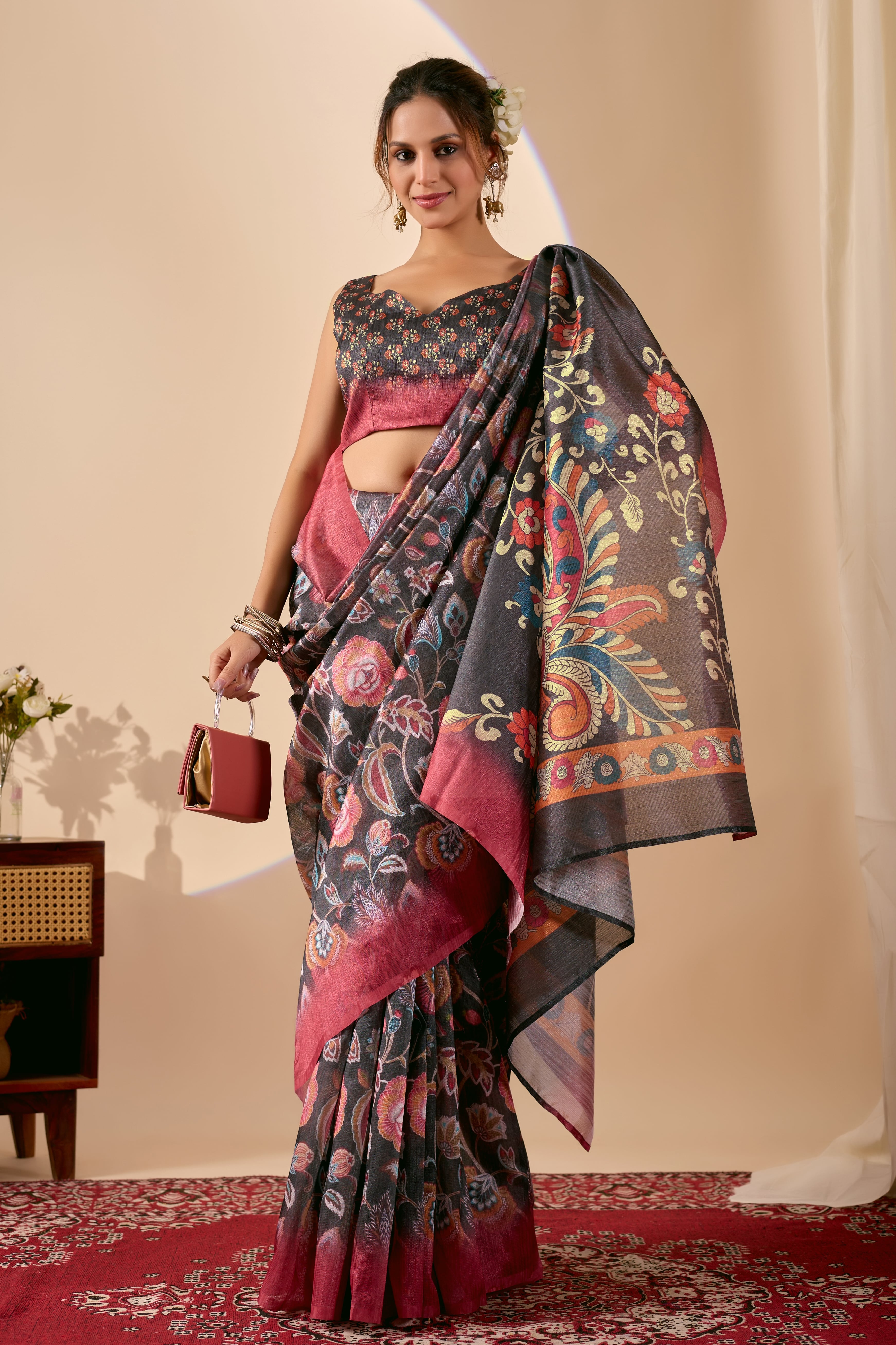 Olive Printed Poly Chiffon Ready Saree