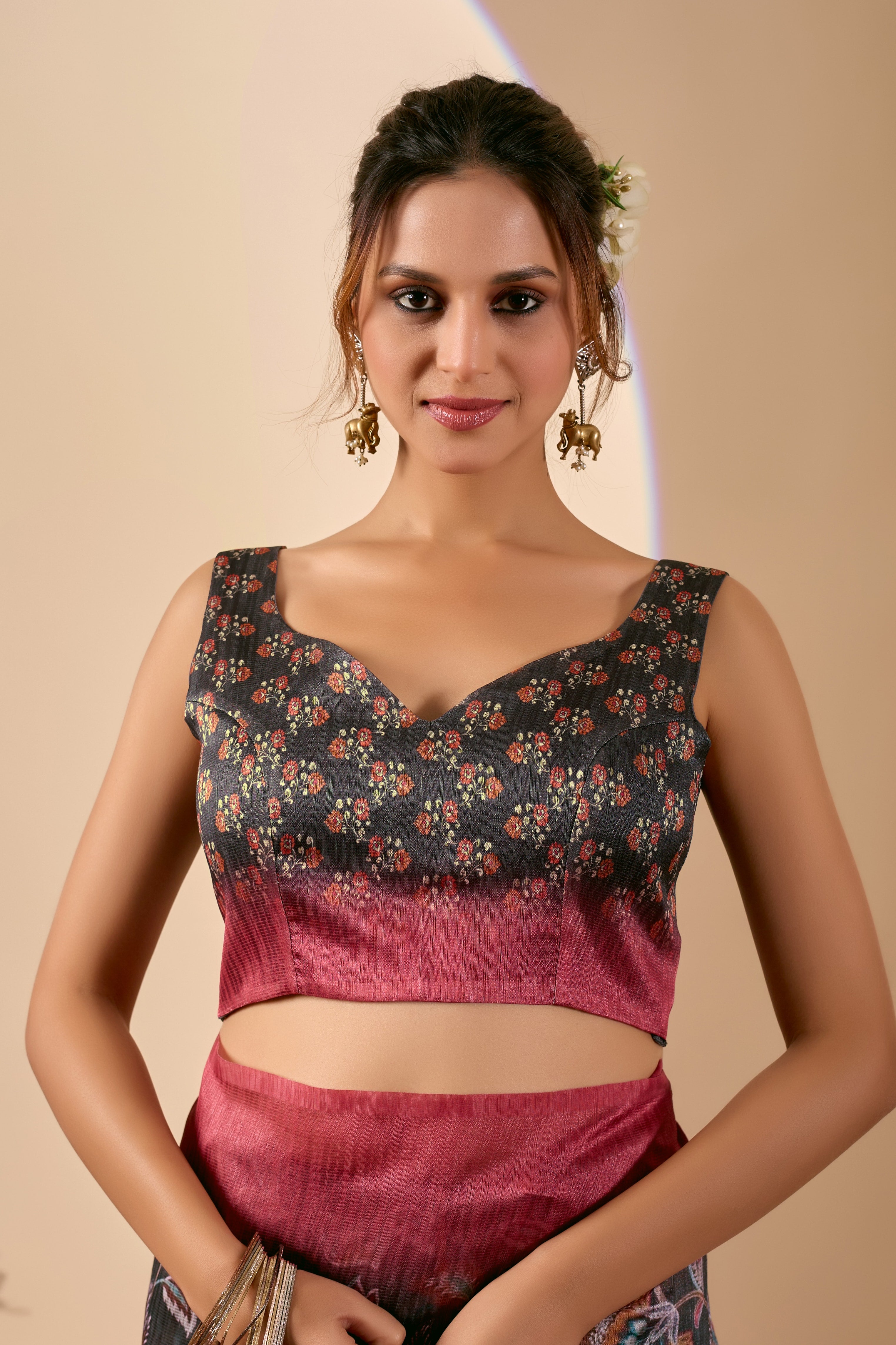 Olive Printed Poly Chiffon Ready Saree