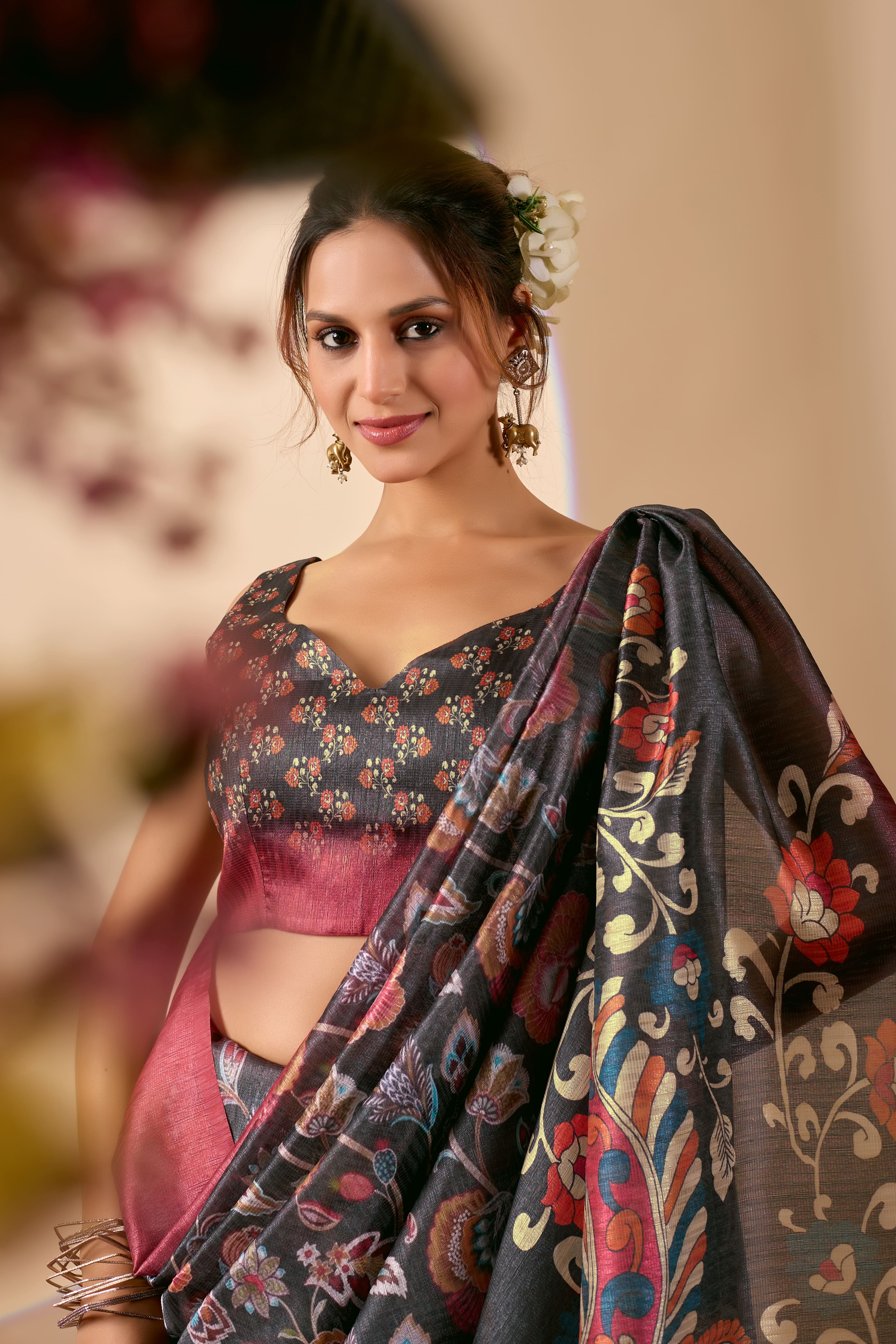 Olive Printed Poly Chiffon Ready Saree