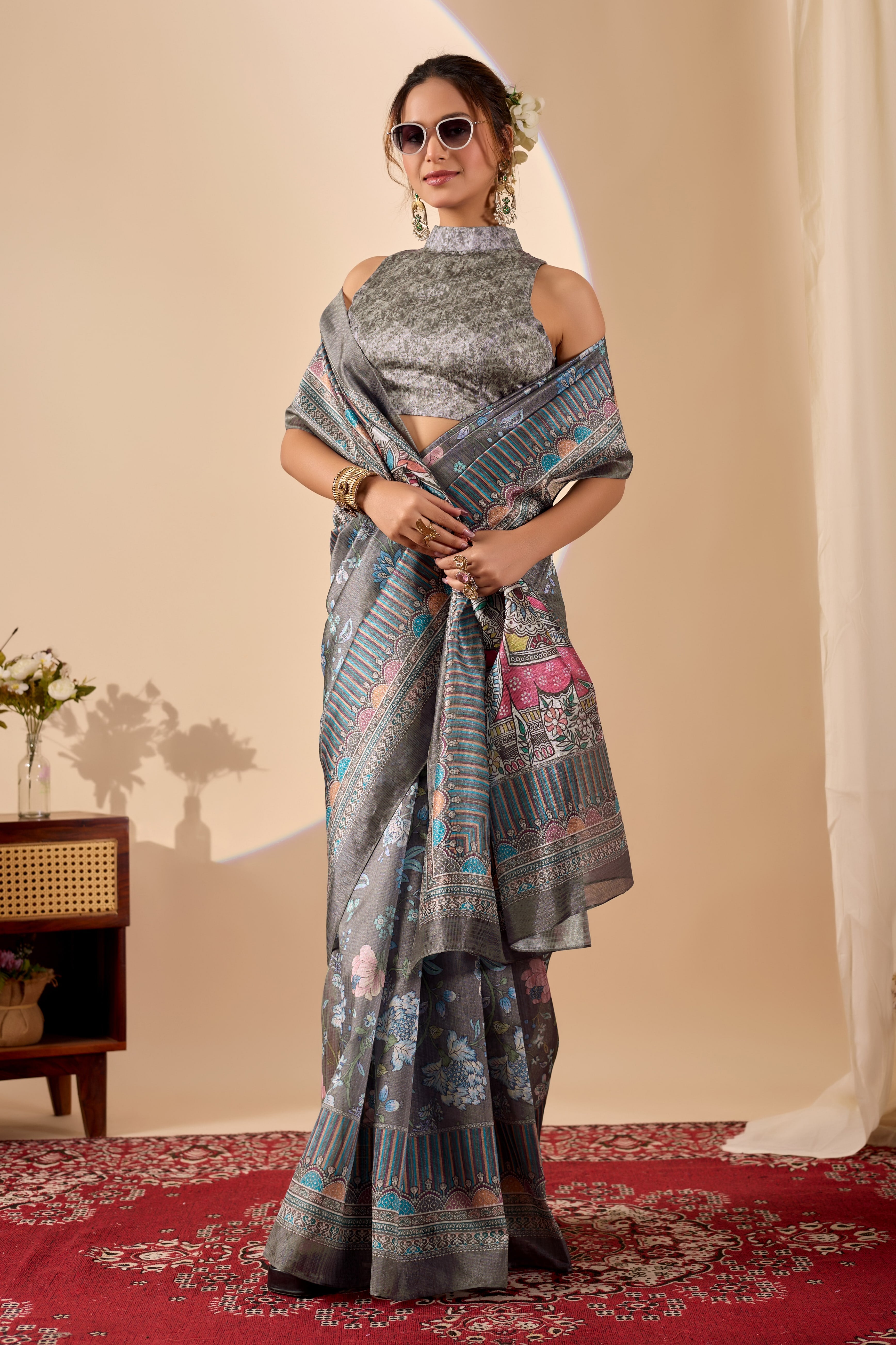 Grey Poly Chiffon Ready to Wear Saree