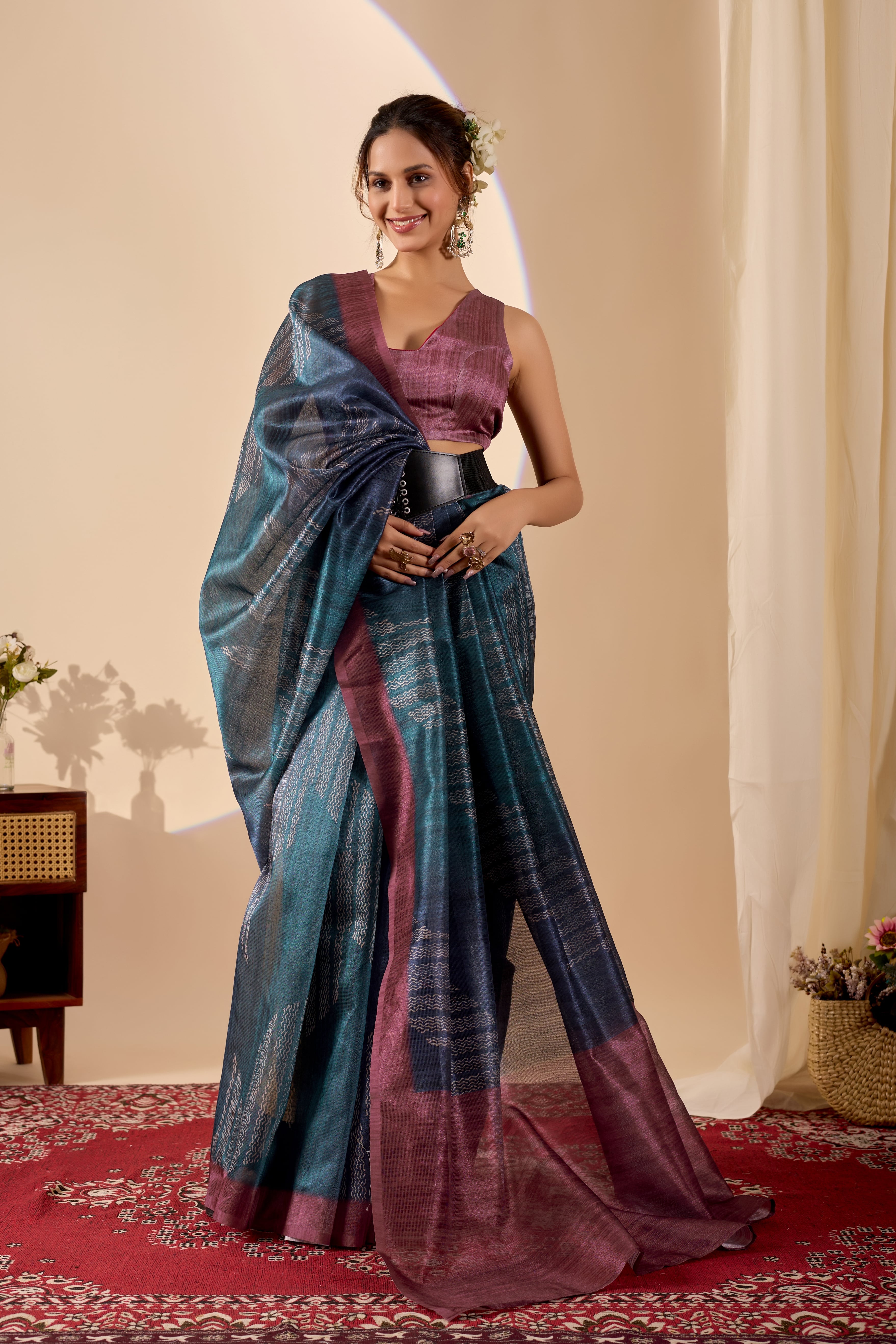 Navy Blue Poly Cotton Ready Wear Saree