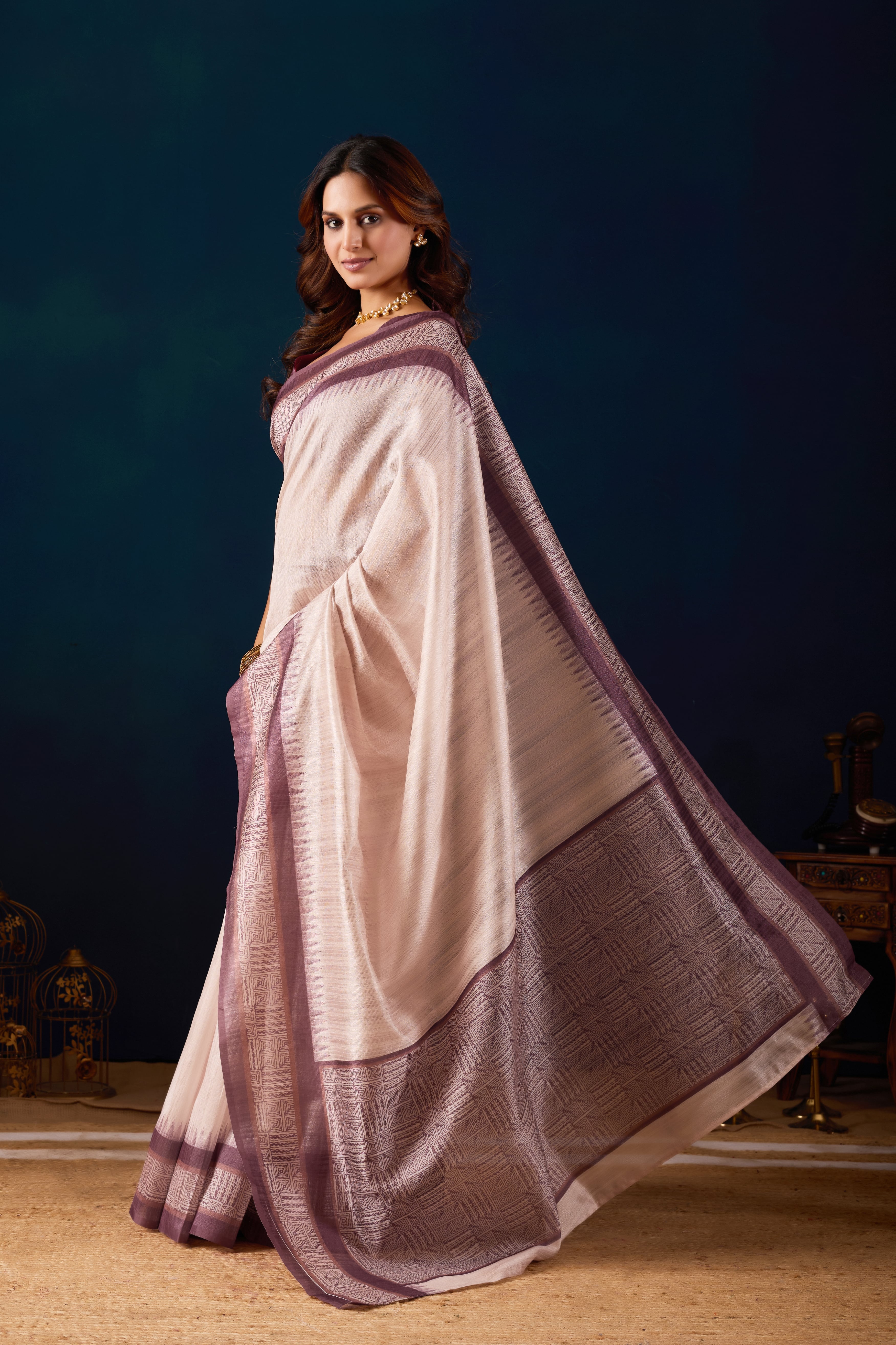 Beige Color Poly Cotton Ready to Wear Saree